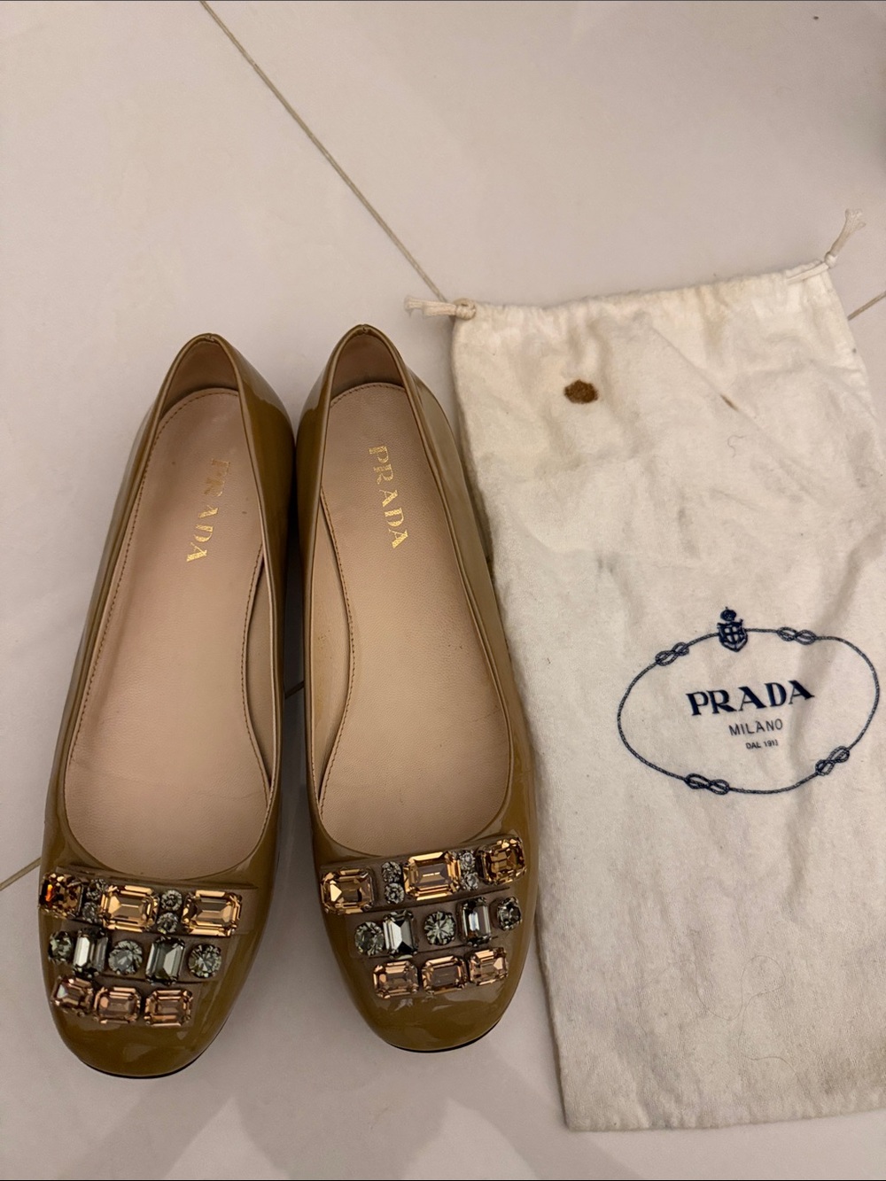 Prada tan Patent Leather Jeweled Ballet Flats
